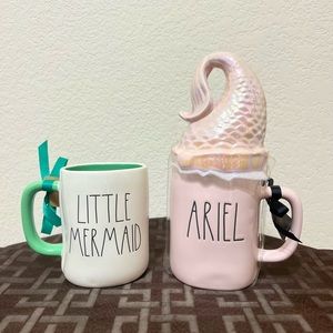 Rae Dunn Disney LITTLE MERMAID double sided mug and pink ARIEL topper mug